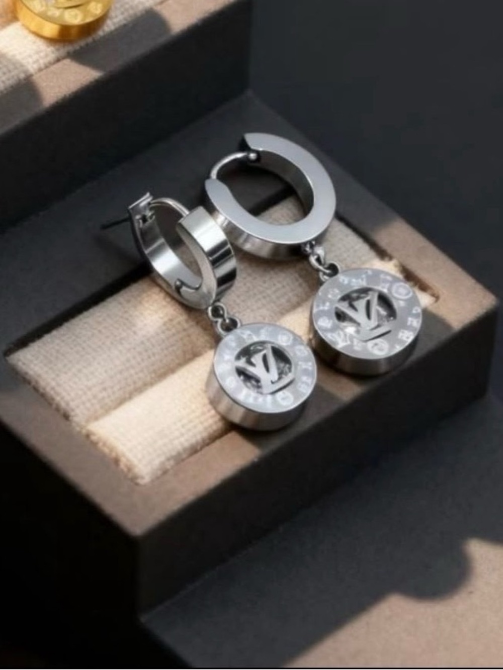 Silver Disc Drop Hoop Earrings - Lulu Designer-Inspired Women’s Jewelry